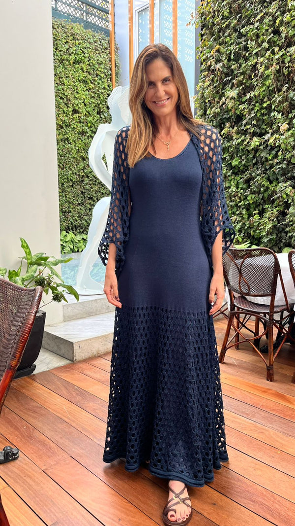 Vestido Longo Maxi Furos Em Tricot Navy Classico