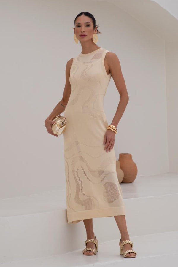 Vestido Midi Sem Mangas Com Tela Ondulada Em Tricot