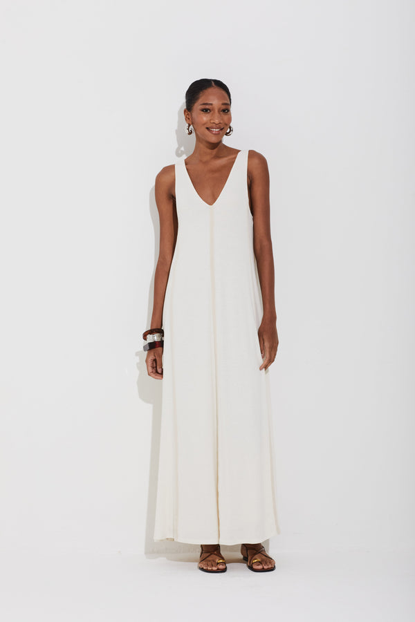 Vestido Em Malha Com Decote Em V E Detlhes Em Tricot Marfim