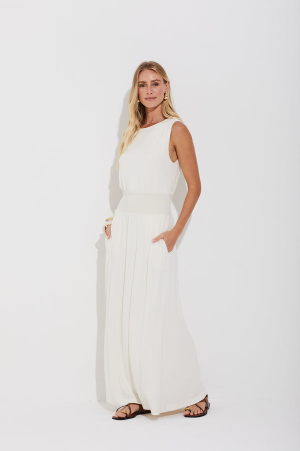 Vestido Em Malha Sem Mangas Com Pala De Tricot Marfim