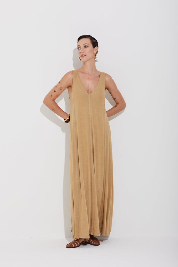 Vestido Em Malha Com Decote Em V E Detlhes Em Tricot Bege Classico