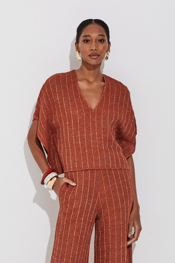 Blusa Manga Mix de Pontos Lurex Canela