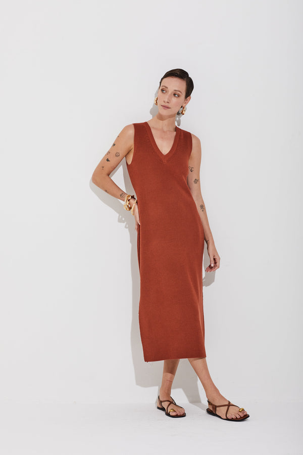 Vestido Tricot Longuete Ponto Pérola Canela