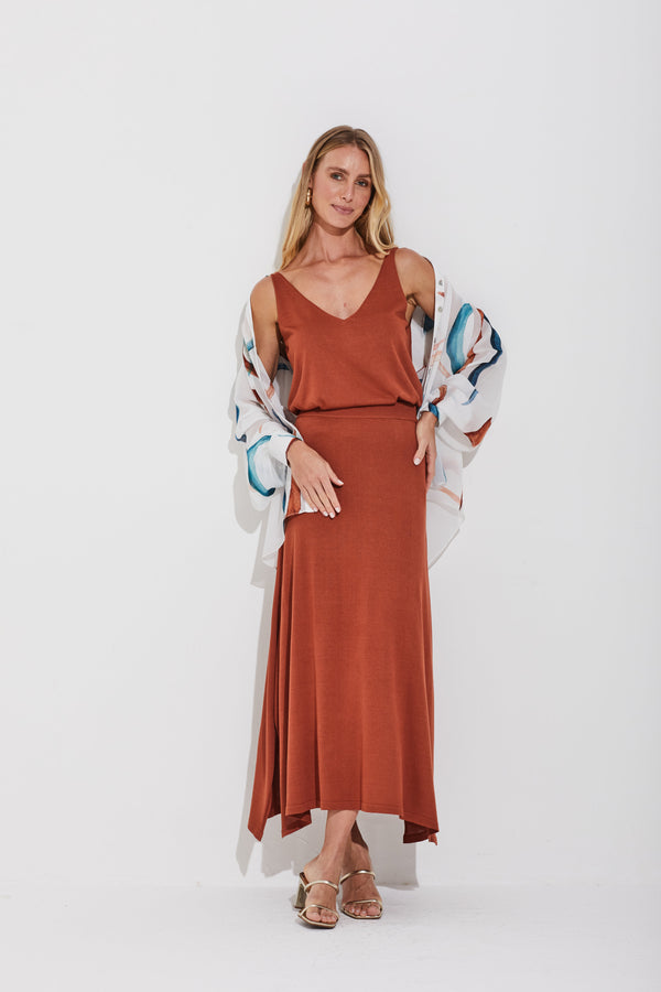 Saia Midi Em Tricot Com Fendas Canela