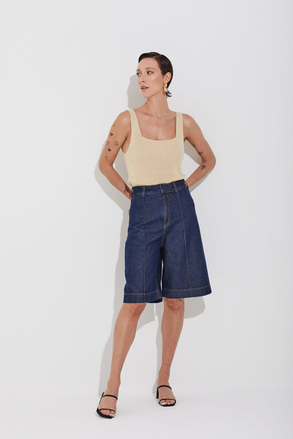 Bermuda Alfaiataria Jeans Escuro