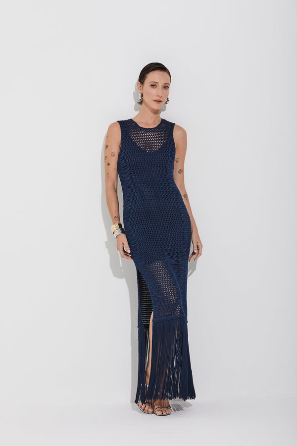 Vestido Tela Com Franjas Navy Clássico