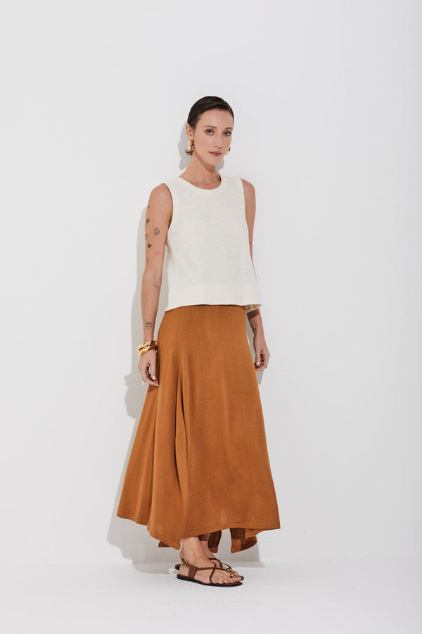 Saia Midi Em Tricot Com Fendas Ambar Terroso