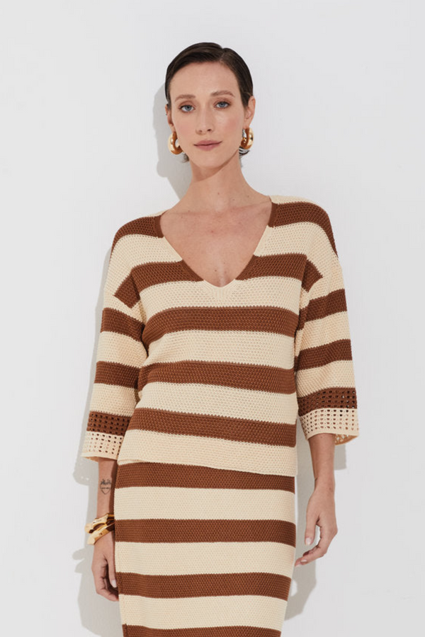 Blusa Tricot Listrado Rústico Ambar Terroso/bege Champagne