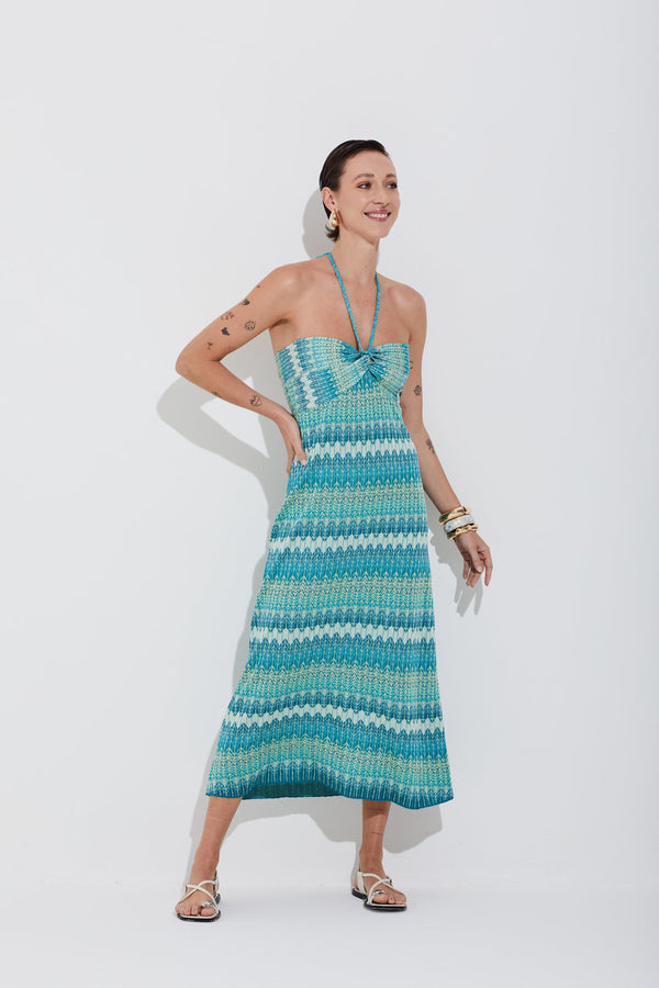 Vestido Tricot Longuete Chevron Com Mix De Cores Chevron Petroleo