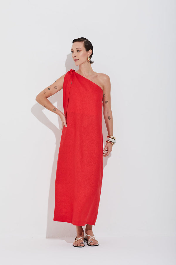 Vestido Em Linho 100% Um Ombro Só Com Faixa Tomate