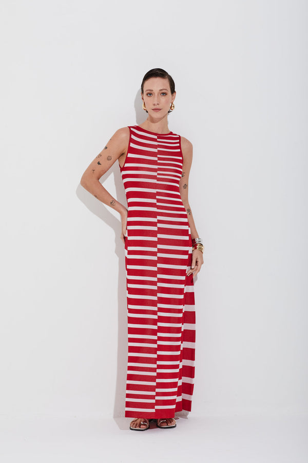 Vestido Longo Tricot Com Listras Listrado Tomate