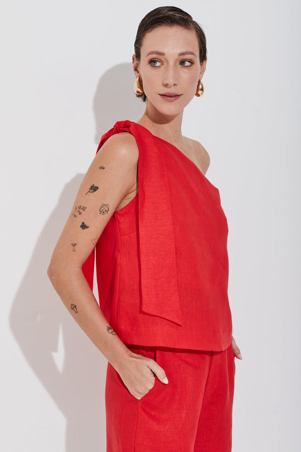Blusa Em Linho 100% De Um Ombro Só Com Faixa Tomate