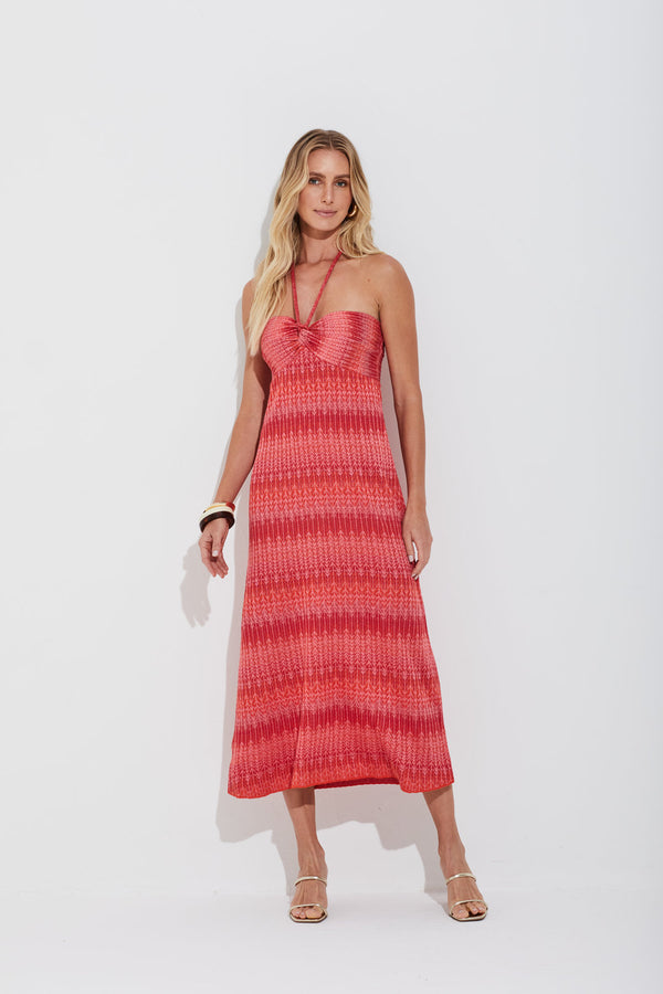 Vestido Tricot Longuete Chevron Com Mix De Cores Chevron Vermelho