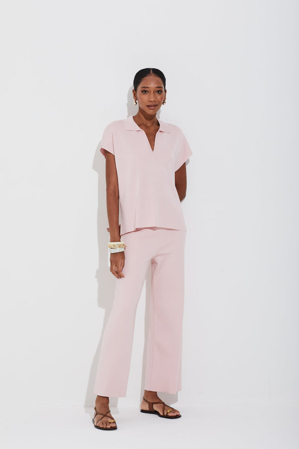 Calça Ampla Em Tricot Quartzo Rosa