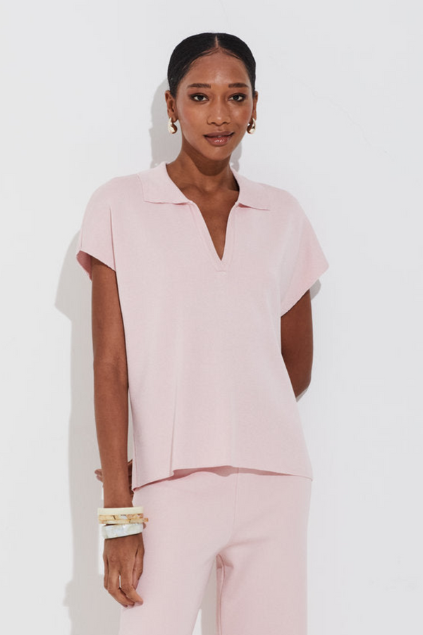 Blusa Polo Em Tricot Manga Japonesa Quartzo Rosa