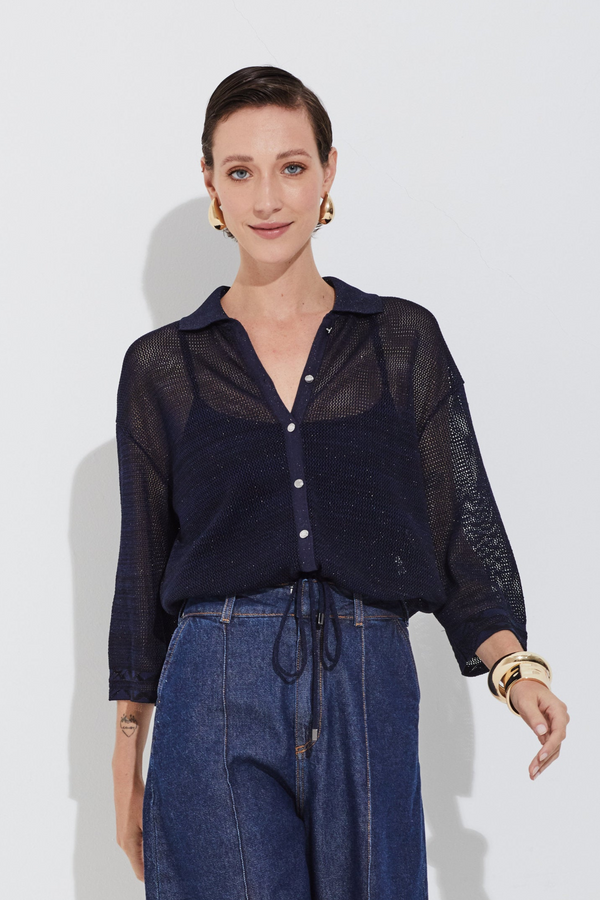 Casaqueto Tricot Tela E Jacquard Navy Classico/preto