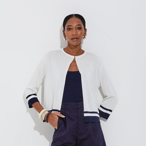 Casaqueto Em Tricot Com Listras Bicolores Listrado Navy Classico