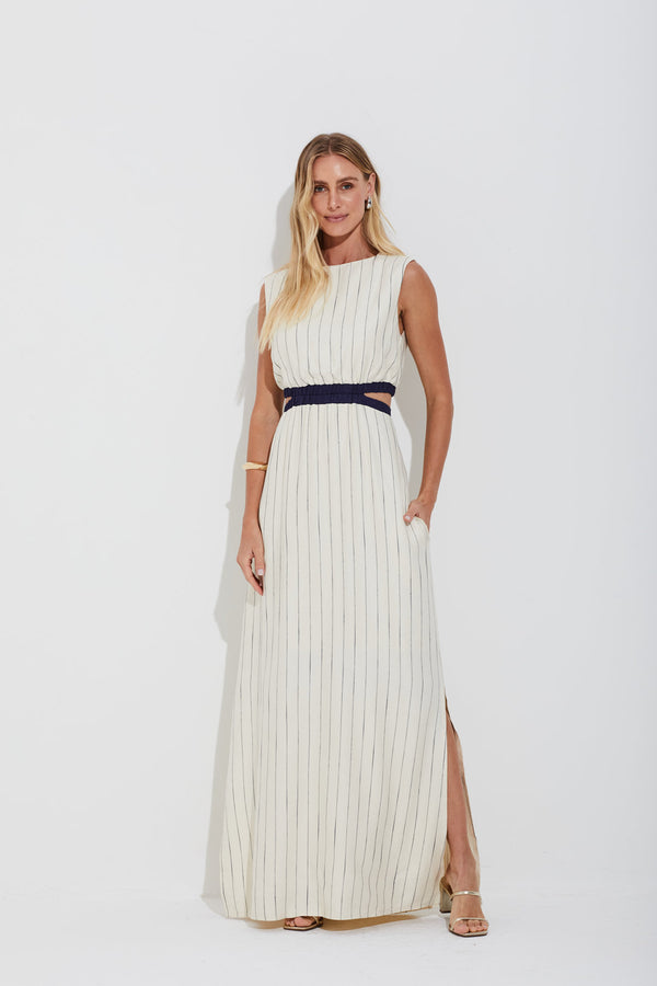 Vestido Em Fio Tinto Com Manga E Abertura Lateral Longo Listrado Fitatto Marinho