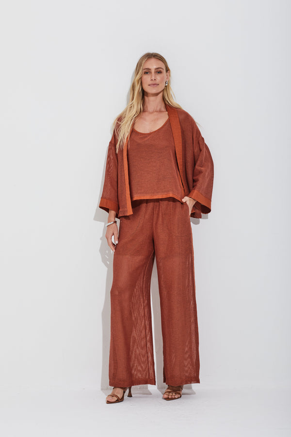Calça Em Tela De Algodão Com Detalhes Em Linho 100% Pantalona Canela