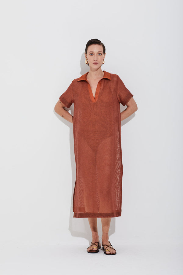 Vestido Decote V Com Gola Veleiro Canela