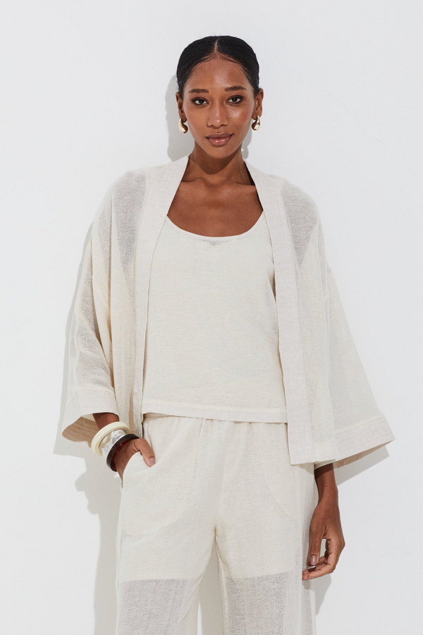 Kimono Em Tela De Algodão Com Detalhes Em Linho 100% Off White