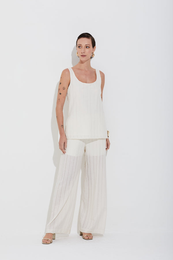 Calça Em Tela De Algodão Com Detalhes Em Linho 100% Pantalona Off White