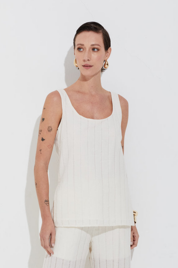 Regata Em Tela De Algodão Com Detalhes Em Linho 100% Off White