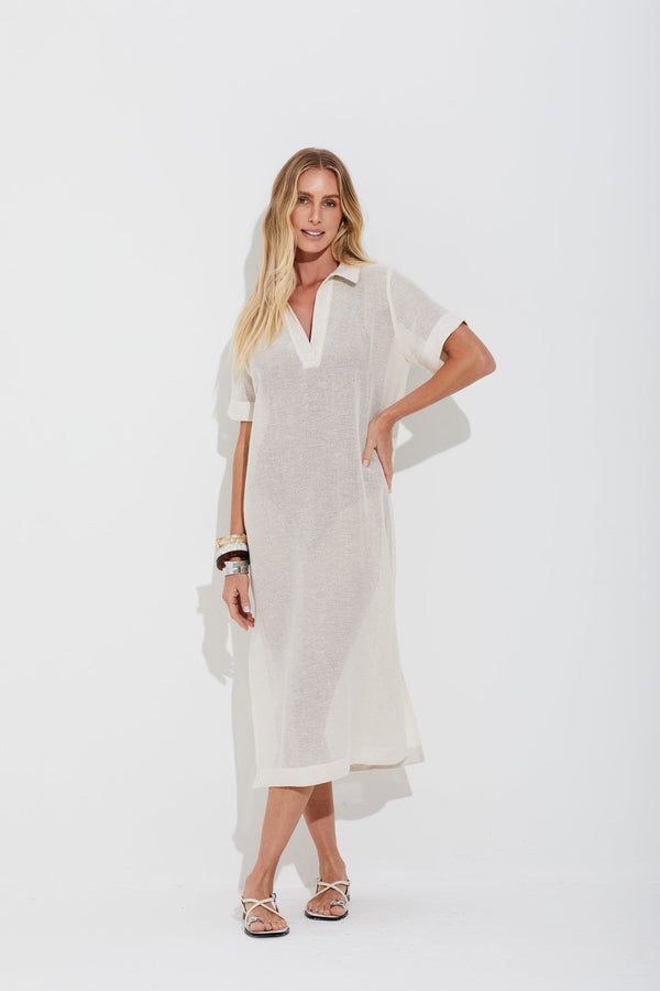 Vestido Decote V Com Gola Veleiro Off White
