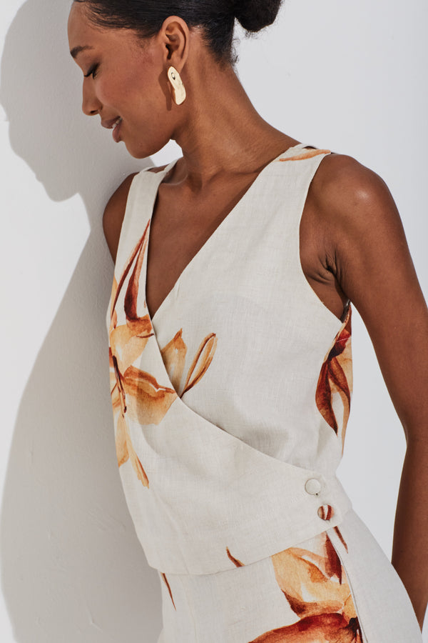 Blusa Em Linho 100% Estampa Florescer Cachecour Com Alça Dupla Estampado Linho Natural