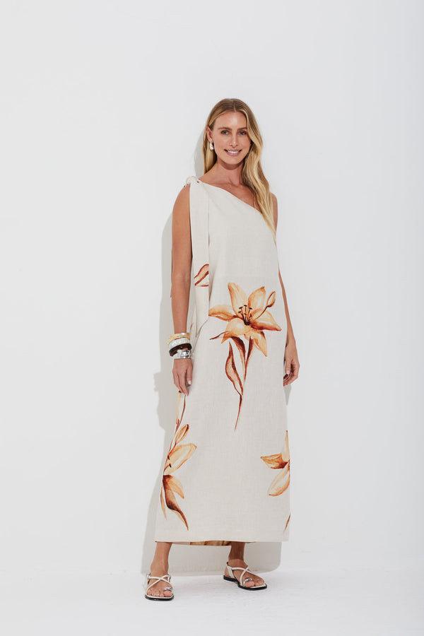Vestido Em Linho 100% Estampa Florescer Um Ombro Só Com Faixa Estampado Linho Natural