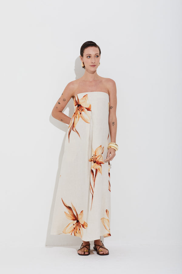 Vestido Em Linho 100% Estampa Florescer Sem Alças Longo Estampado Linho Natural