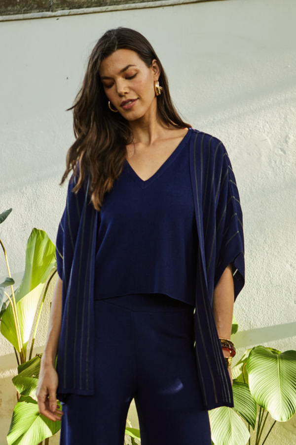 Blusa Ampla Em Tricot Piquet Meia-noite