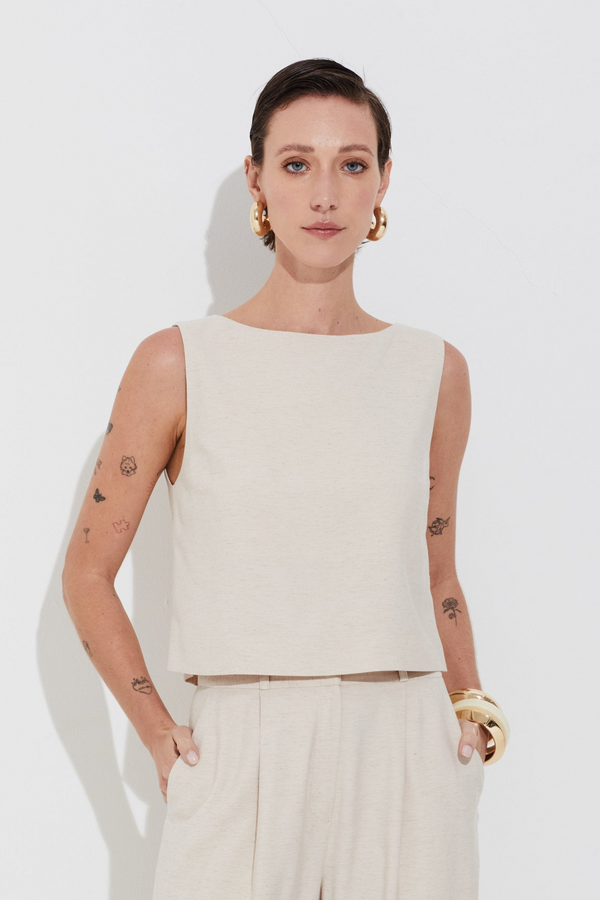Blusa Sem Manga Nilo Milão Acetinado Bege Gengibre