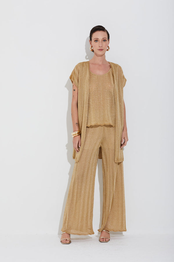 Calça Tricot Ponto Chevron Com Lurex Dourado