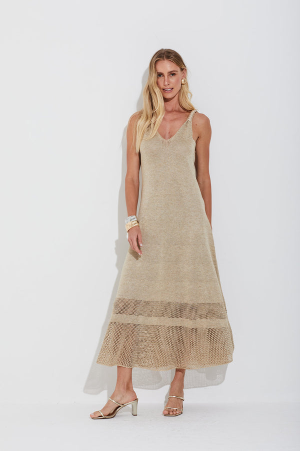 Vestido Longuete Tricot Saia Telada Dourado