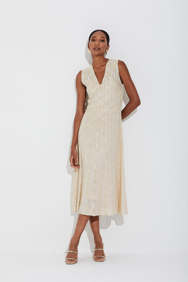 Vestido Tricot Tela E Jacquard New Palha/dourado