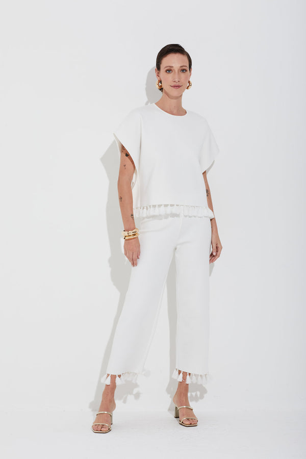 Poncho Sem Mangas Tricot Em Malha Cheia Com Franjas Off White