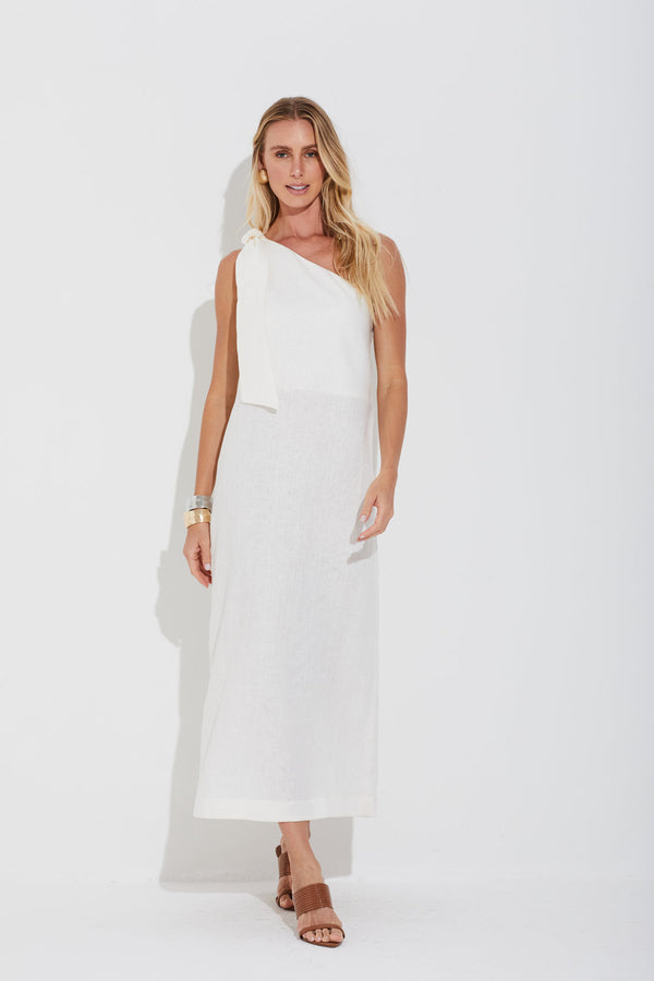 Vestido Em Linho 100% Um Ombro Só Com Faixa Off White