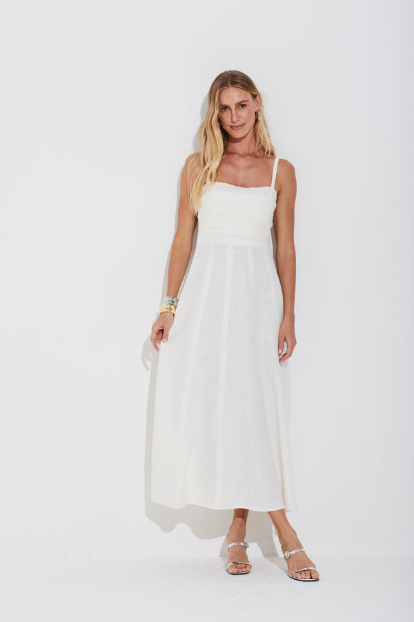 Vestido Em Linho 100% Com Pregas Midi Off White