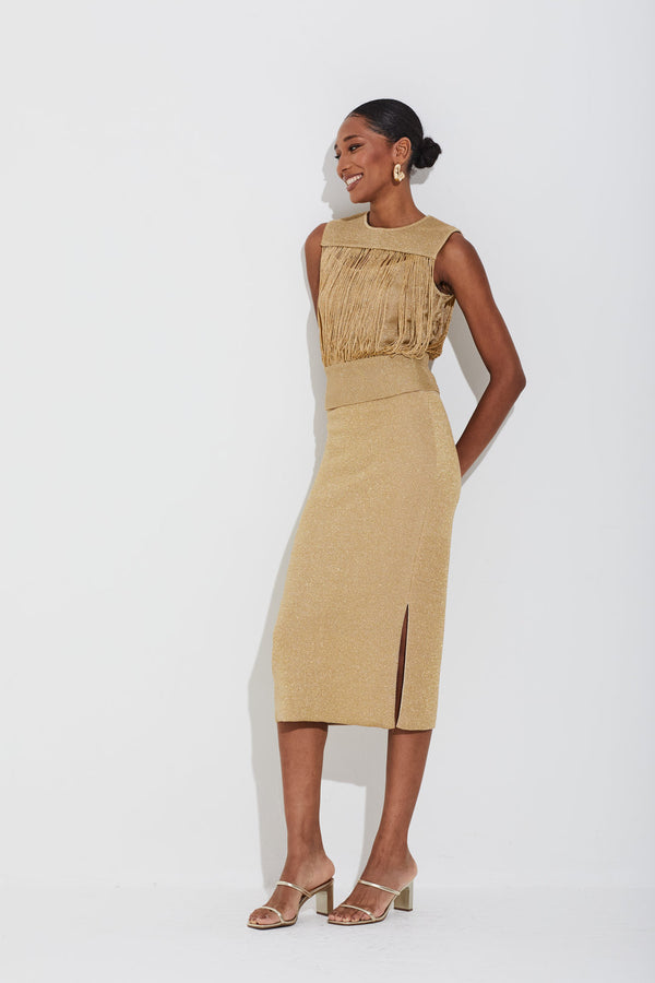 Saia Midi Tricot Com Lurex Transparencia Dourado