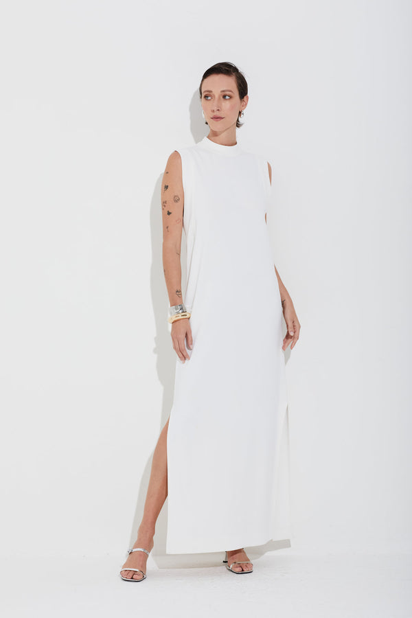 Vestido Em Malha Longo Com Pespontos Gola E Cava Off White