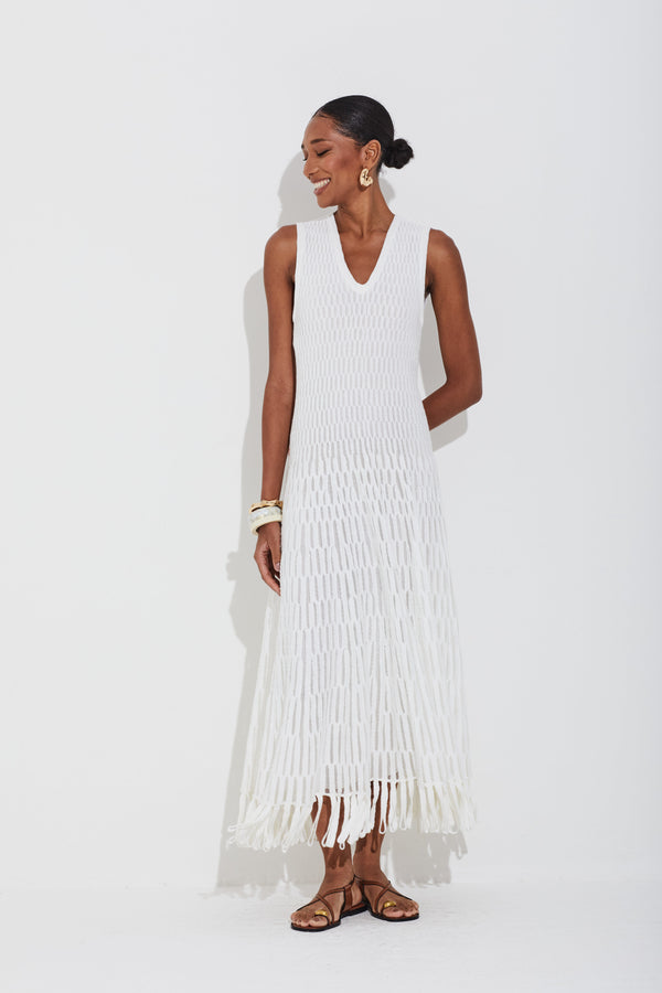 Vestido Tricot Geométrico Mescla Com Transparência Off White