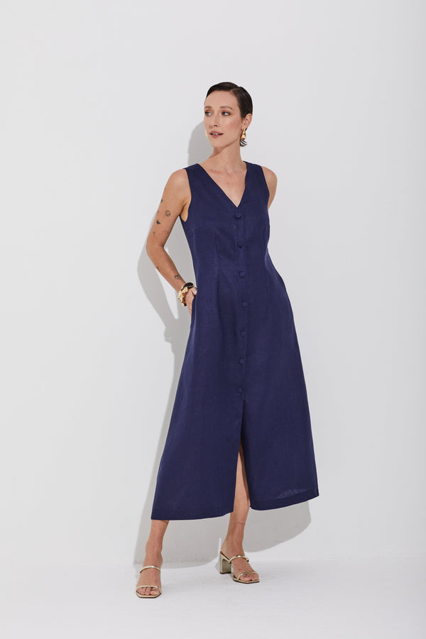 Vestido Linho Puro Botões Navy Clássico