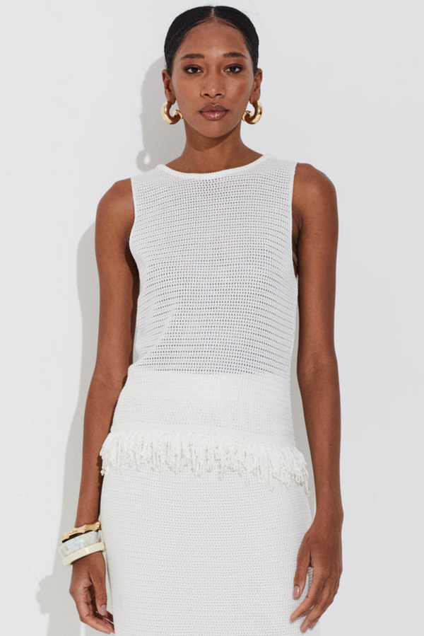 Regata Tricot Em Tela Com Franjas E Perolas Off White