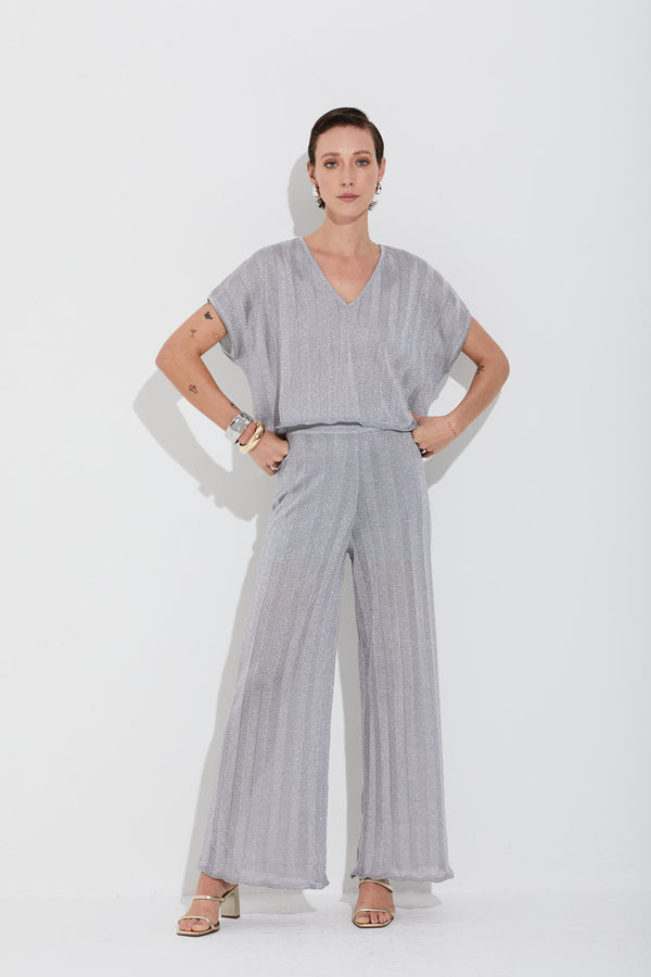 Calça Tricot Ponto Chevron Com Lurex Prata