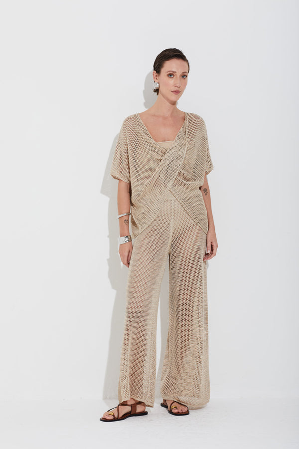 Calça Tricot Em Tela Dourado