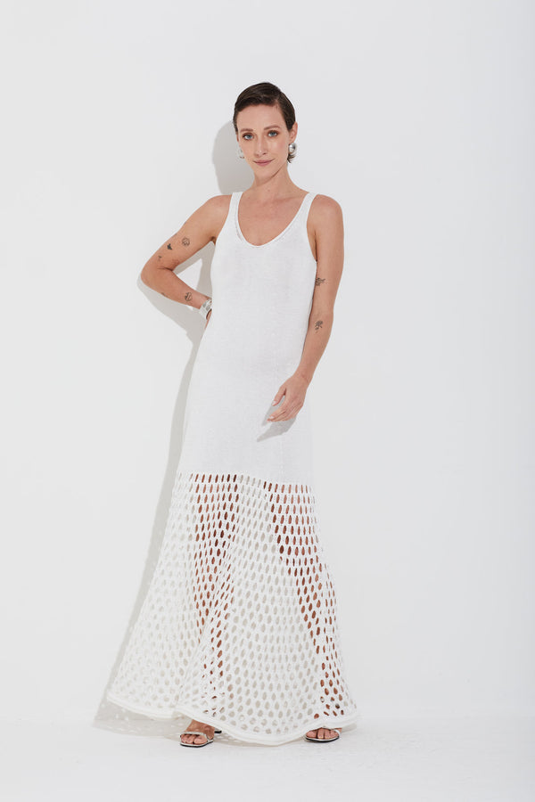 Vestido Longo Maxi Furos Em Tricot Off White
