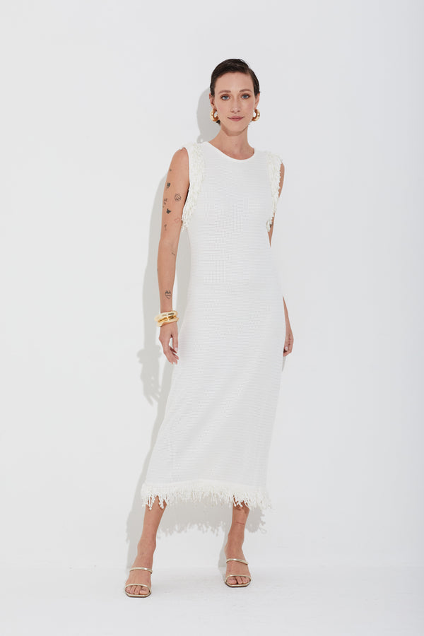 Vestido Longuete Tricot Com Franjas E Perolas Off White