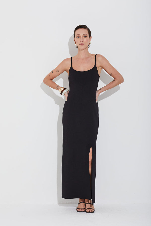 Vestido Longuete Tricot Em Malha Cheia Preto