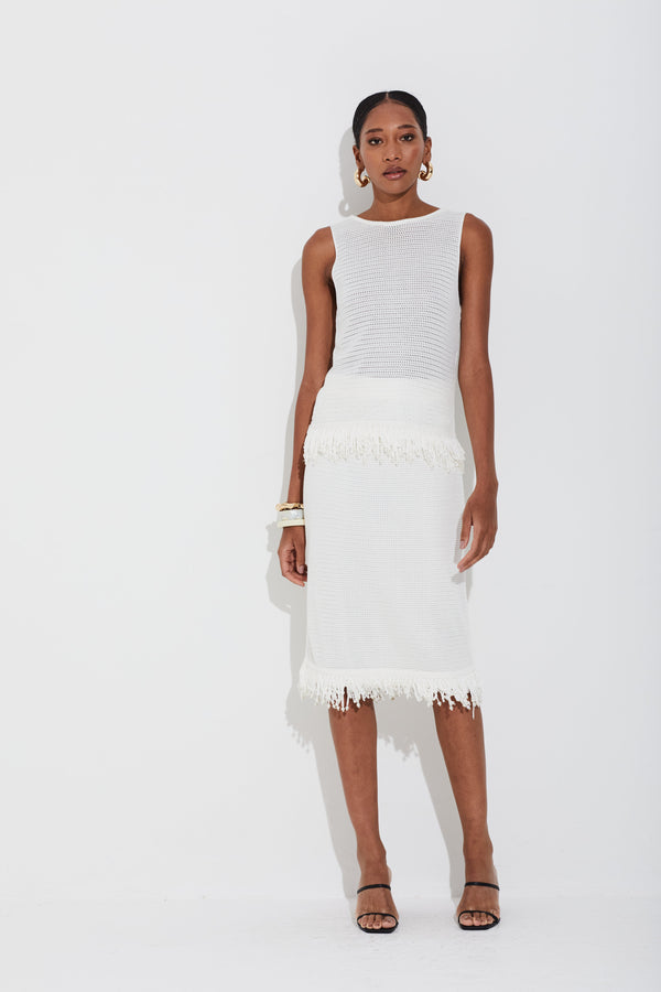 Saia Tricot Em Tela Com Franjas E Perolas Off White